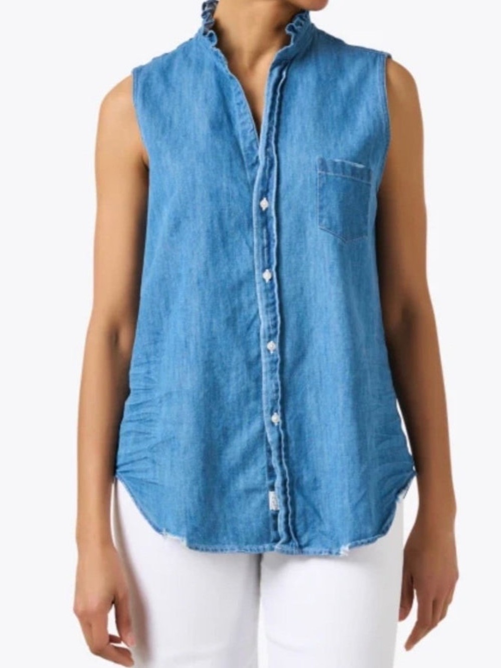 Frank & Eileen Light Blue Sleeveless Denim Button-Down with Ruffle Trim